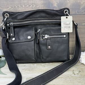 Fossil Black Sutter Pebbled Leather Crossbody Bag Purse NWT